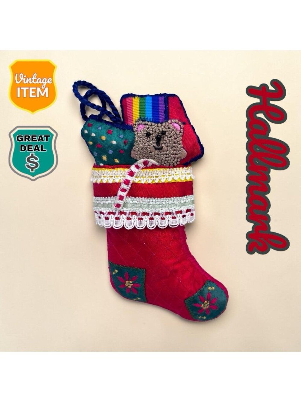 Vintage 1983 Hallmark Embroidered Stocking Keepsake Christmas Tree Ornament.